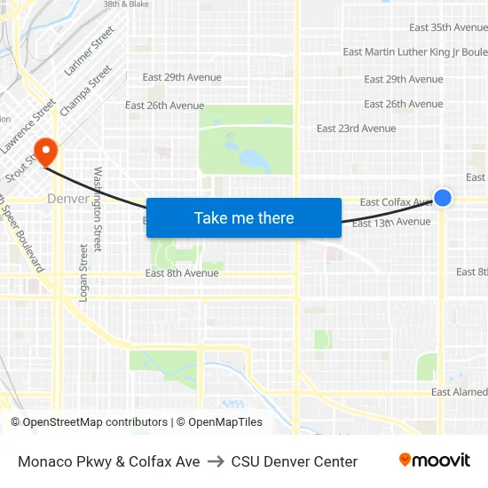 Monaco Pkwy & Colfax Ave to CSU Denver Center map