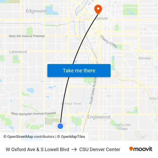 W Oxford Ave & S Lowell Blvd to CSU Denver Center map