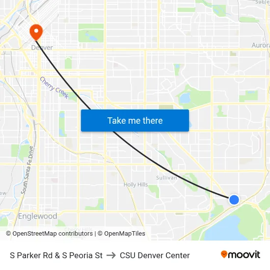 S Parker Rd & S Peoria St to CSU Denver Center map
