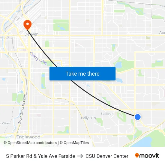 S Parker Rd & Yale Ave Farside to CSU Denver Center map