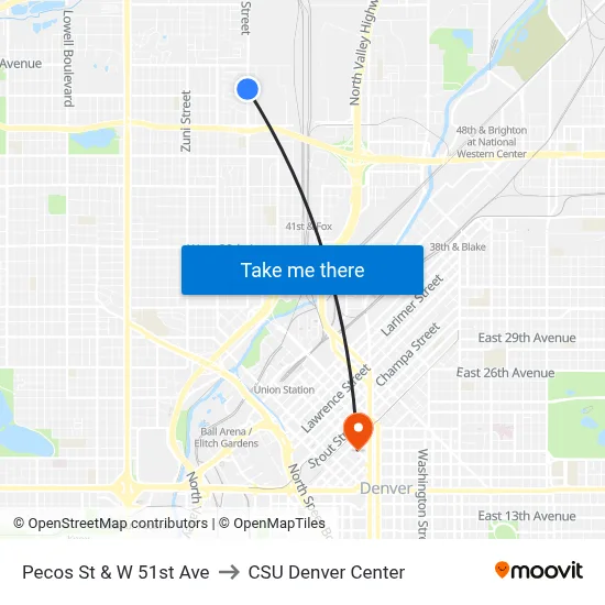 Pecos St & W 51st Ave to CSU Denver Center map