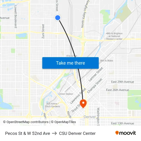 Pecos St & W 52nd Ave to CSU Denver Center map