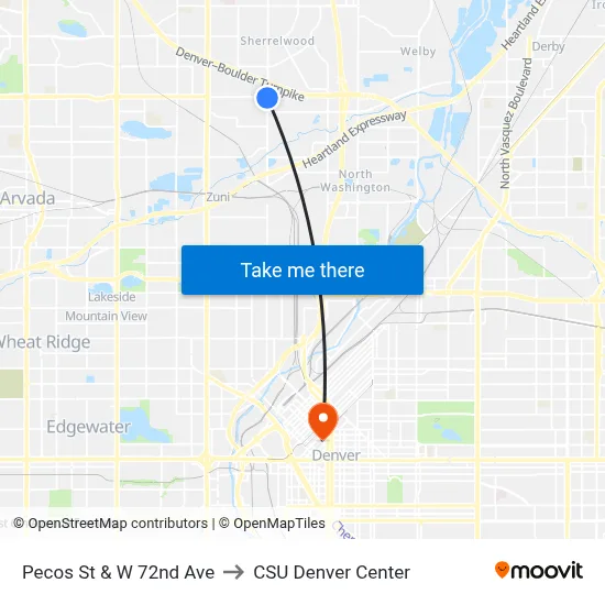 Pecos St & W 72nd Ave to CSU Denver Center map