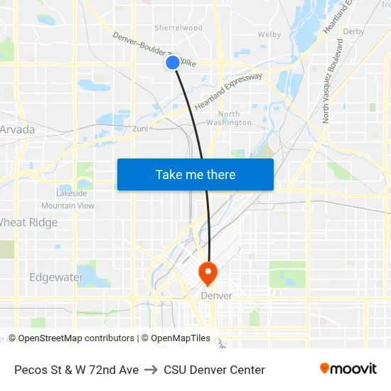 Pecos St & W 72nd Ave to CSU Denver Center map