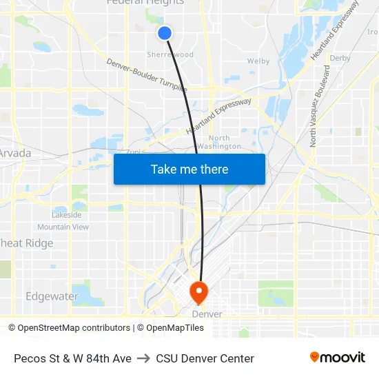 Pecos St & W 84th Ave to CSU Denver Center map