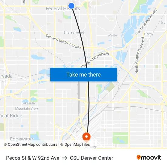 Pecos St & W 92nd Ave to CSU Denver Center map