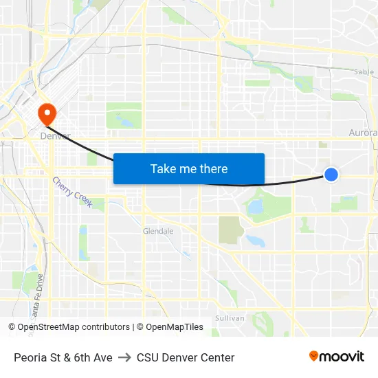 Peoria St & 6th Ave to CSU Denver Center map