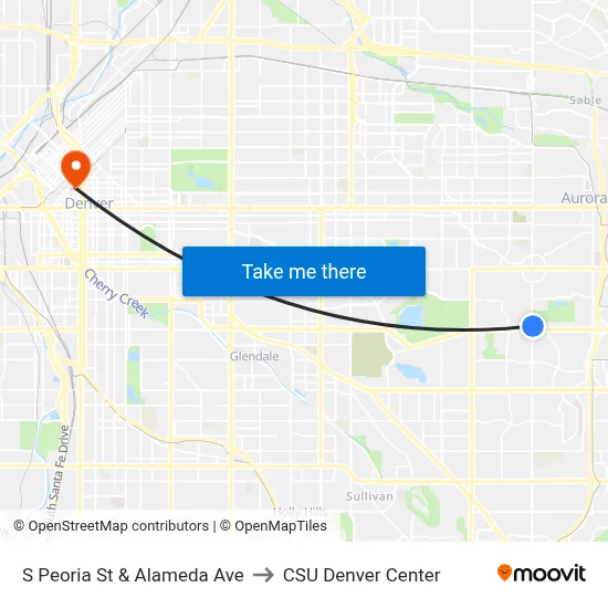 S Peoria St & Alameda Ave to CSU Denver Center map