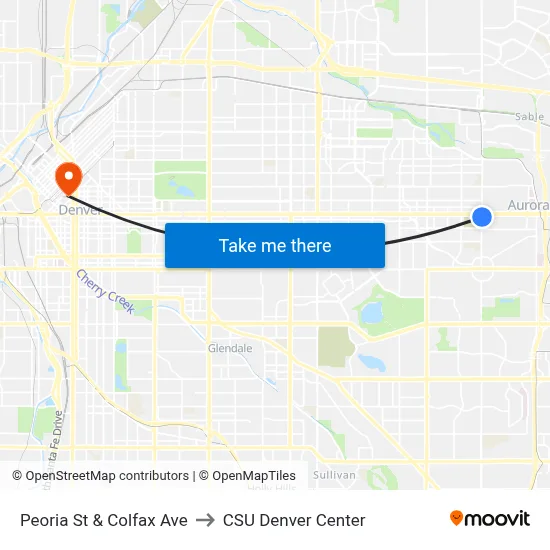 Peoria St & Colfax Ave to CSU Denver Center map