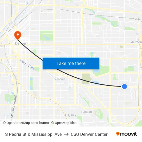 S Peoria St & Mississippi Ave to CSU Denver Center map