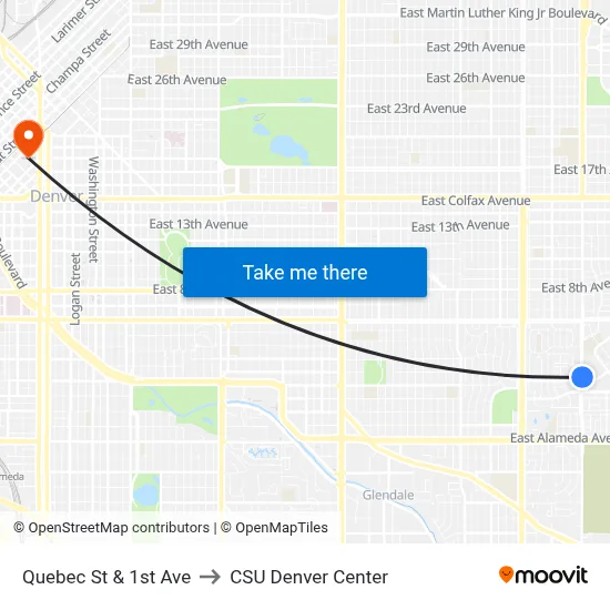 Quebec St & 1st Ave to CSU Denver Center map