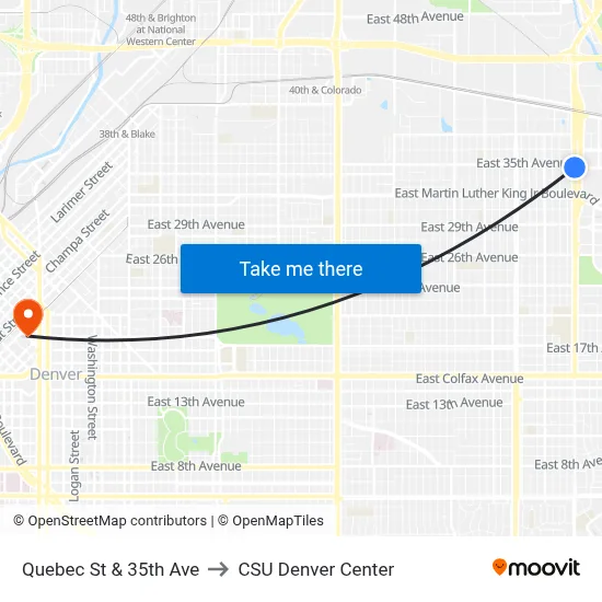 Quebec St & 35th Ave to CSU Denver Center map