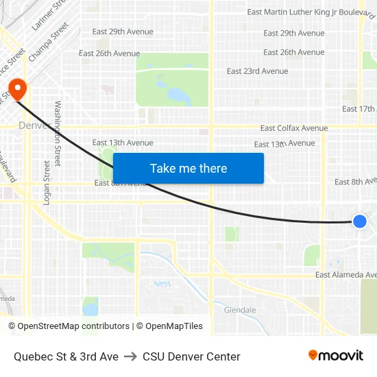 Quebec St & 3rd Ave to CSU Denver Center map