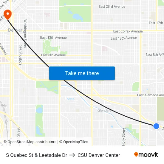 S Quebec St & Leetsdale Dr to CSU Denver Center map