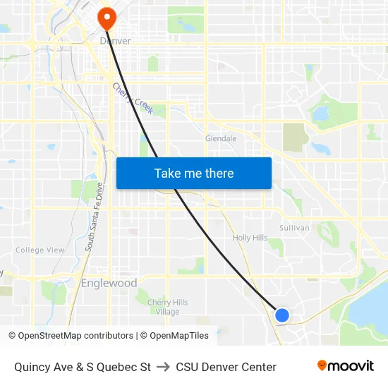 Quincy Ave & S Quebec St to CSU Denver Center map
