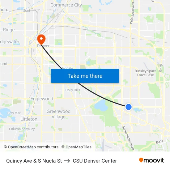 Quincy Ave & S Nucla St to CSU Denver Center map