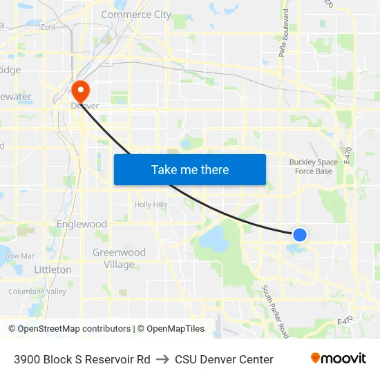 3900 Block S Reservoir Rd to CSU Denver Center map