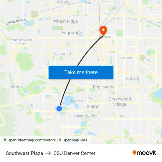 Southwest Plaza to CSU Denver Center map