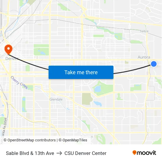 Sable Blvd & 13th Ave to CSU Denver Center map