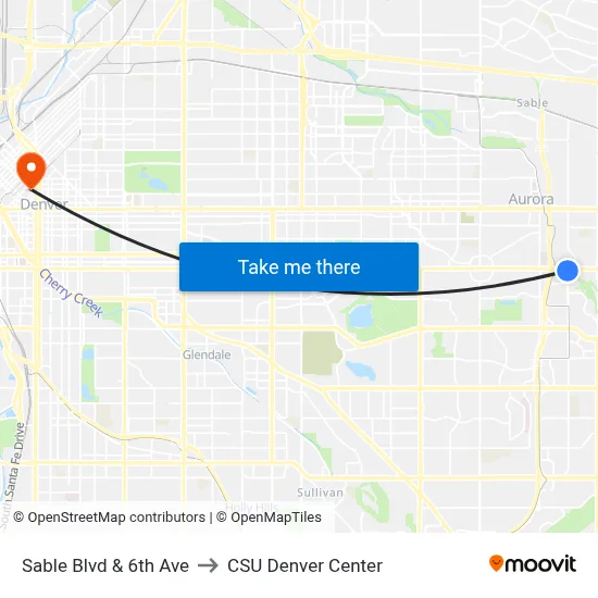 Sable Blvd & 6th Ave to CSU Denver Center map