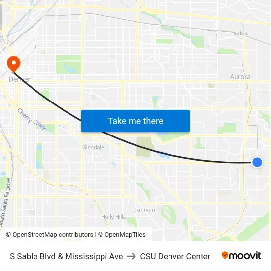 S Sable Blvd & Mississippi Ave to CSU Denver Center map