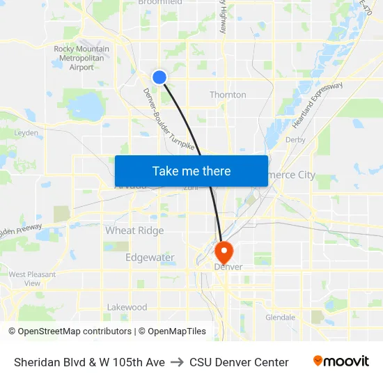 Sheridan Blvd & W 105th Ave to CSU Denver Center map