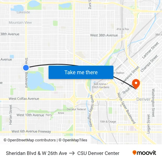 Sheridan Blvd & W 26th Ave to CSU Denver Center map
