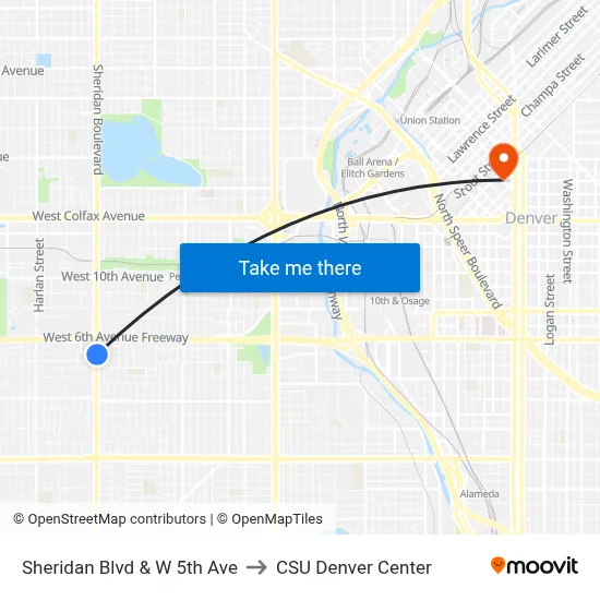 Sheridan Blvd & W 5th Ave to CSU Denver Center map