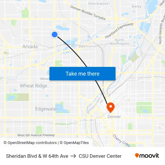 Sheridan Blvd & W 64th Ave to CSU Denver Center map