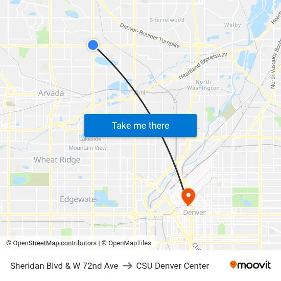 Sheridan Blvd & W 72nd Ave to CSU Denver Center map
