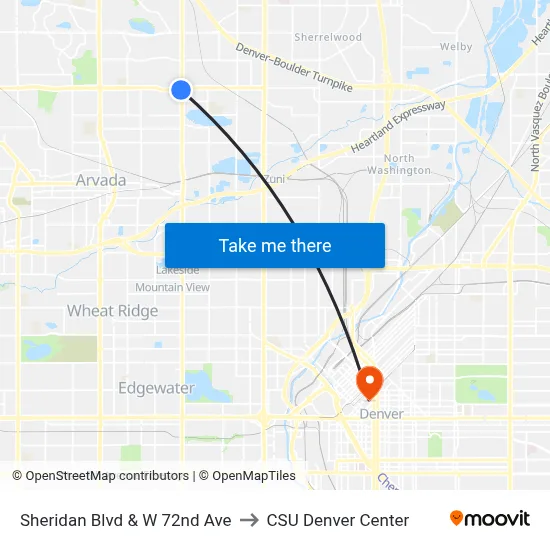 Sheridan Blvd & W 72nd Ave to CSU Denver Center map