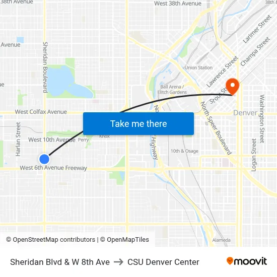 Sheridan Blvd & W 8th Ave to CSU Denver Center map