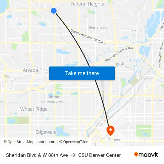 Sheridan Blvd & W 88th Ave to CSU Denver Center map