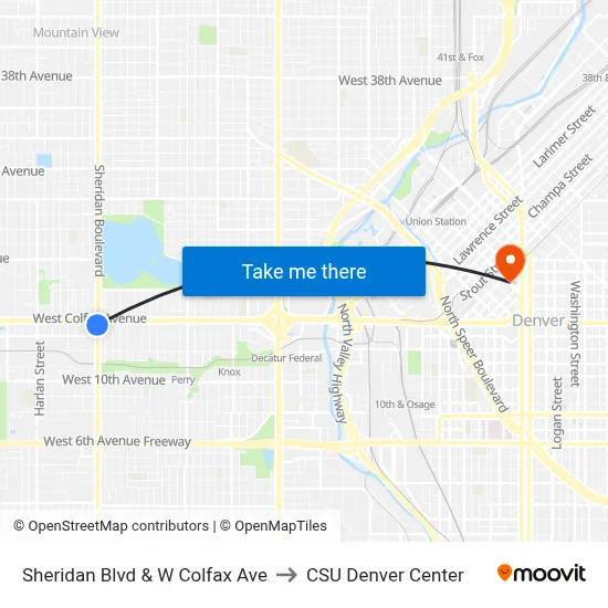 Sheridan Blvd & W Colfax Ave to CSU Denver Center map