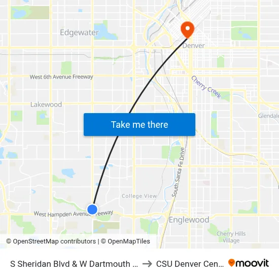 S Sheridan Blvd & W Dartmouth Ave to CSU Denver Center map