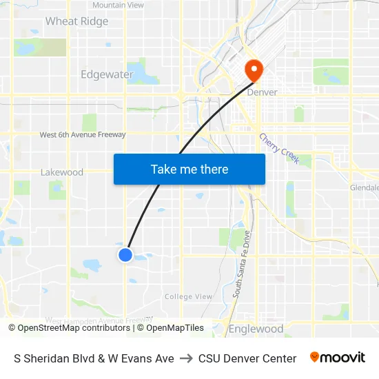 S Sheridan Blvd & W Evans Ave to CSU Denver Center map