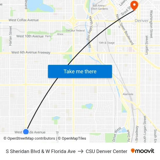S Sheridan Blvd & W Florida Ave to CSU Denver Center map