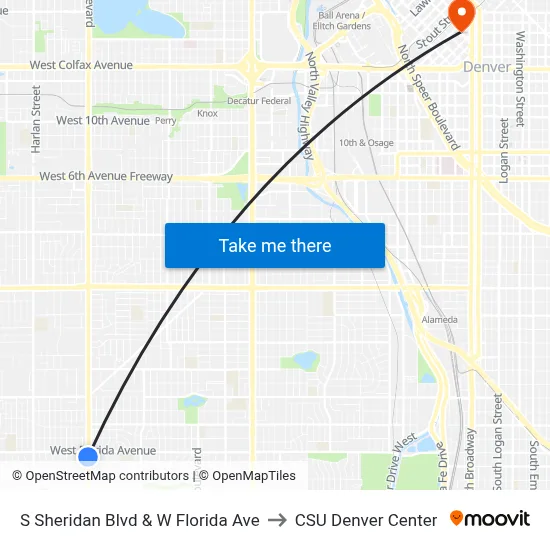S Sheridan Blvd & W Florida Ave to CSU Denver Center map