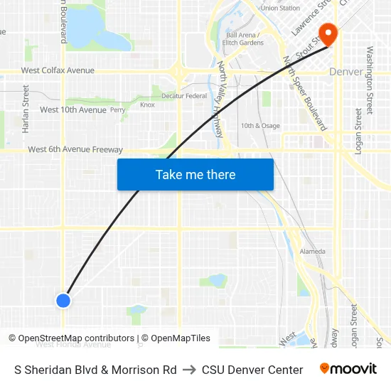 S Sheridan Blvd & Morrison Rd to CSU Denver Center map