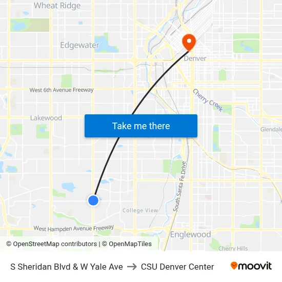 S Sheridan Blvd & W Yale Ave to CSU Denver Center map