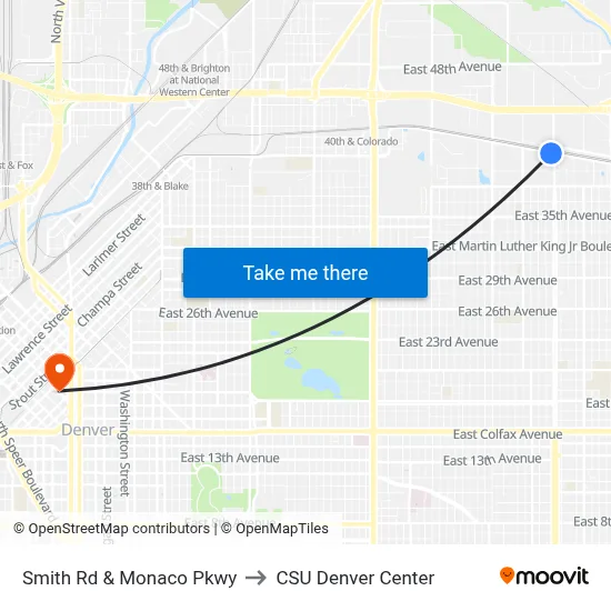 Smith Rd & Monaco Pkwy to CSU Denver Center map