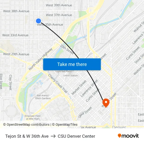 Tejon St & W 36th Ave to CSU Denver Center map