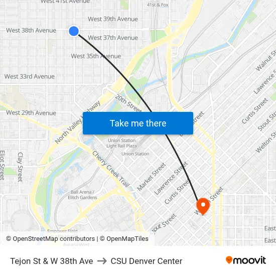 Tejon St & W 38th Ave to CSU Denver Center map