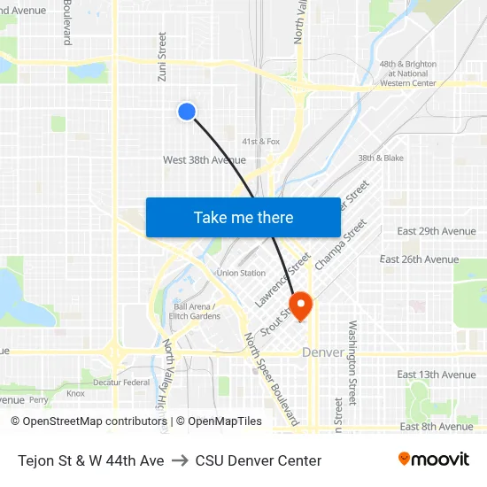 Tejon St & W 44th Ave to CSU Denver Center map