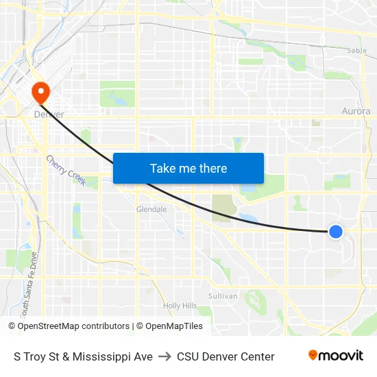 S Troy St & Mississippi Ave to CSU Denver Center map