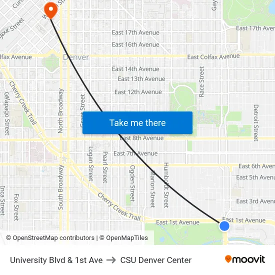 University Blvd & 1st Ave to CSU Denver Center map