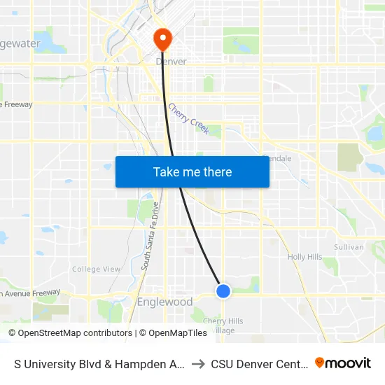 S University Blvd & Hampden Ave to CSU Denver Center map