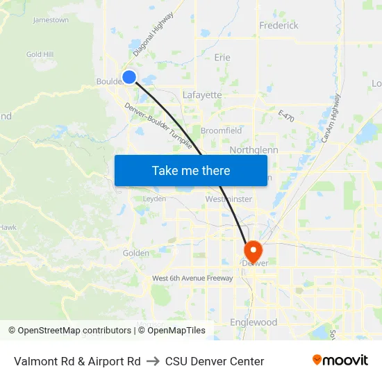 Valmont Rd & Airport Rd to CSU Denver Center map