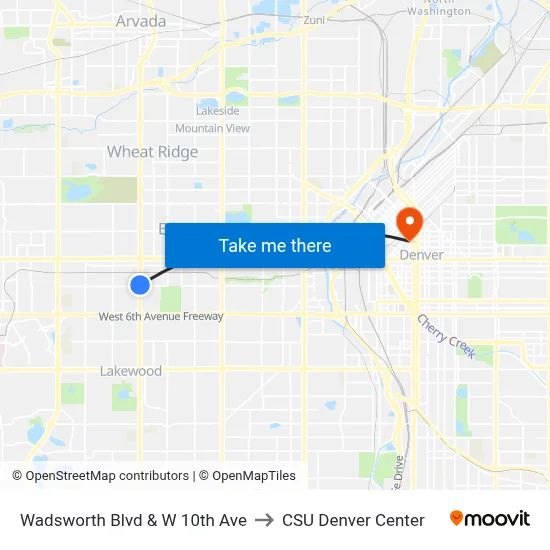 Wadsworth Blvd & W 10th Ave to CSU Denver Center map