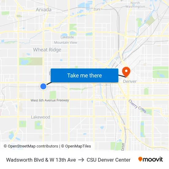 Wadsworth Blvd & W 13th Ave to CSU Denver Center map